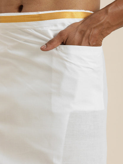 Vastramay Men's White Cotton Shirt And Mundu Set