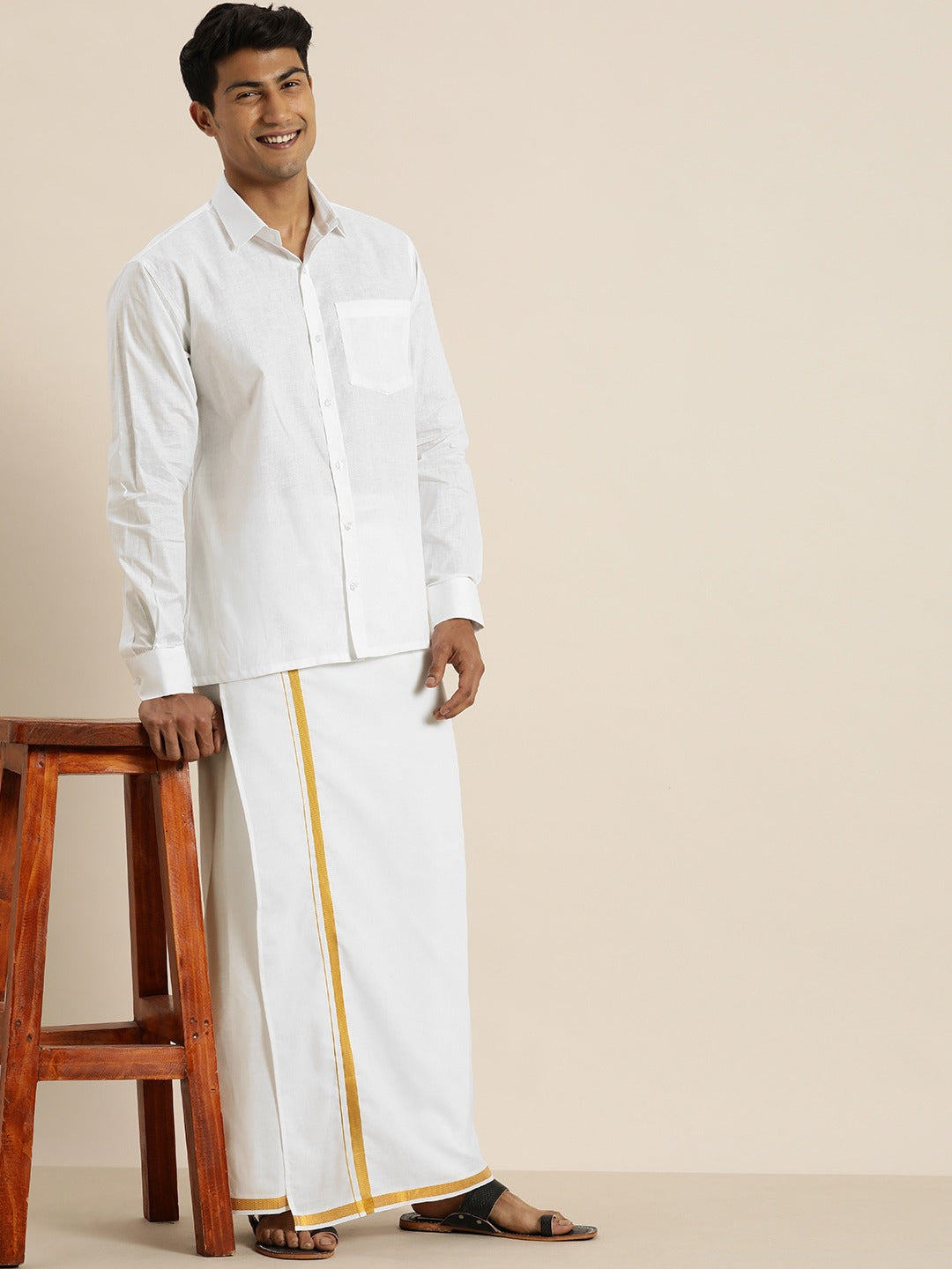 Vastramay Men's White Cotton Shirt And Mundu Set