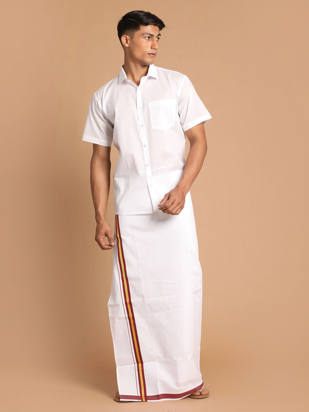 Vastramay Men's White Cotton Blend Shirt And Mundu Set