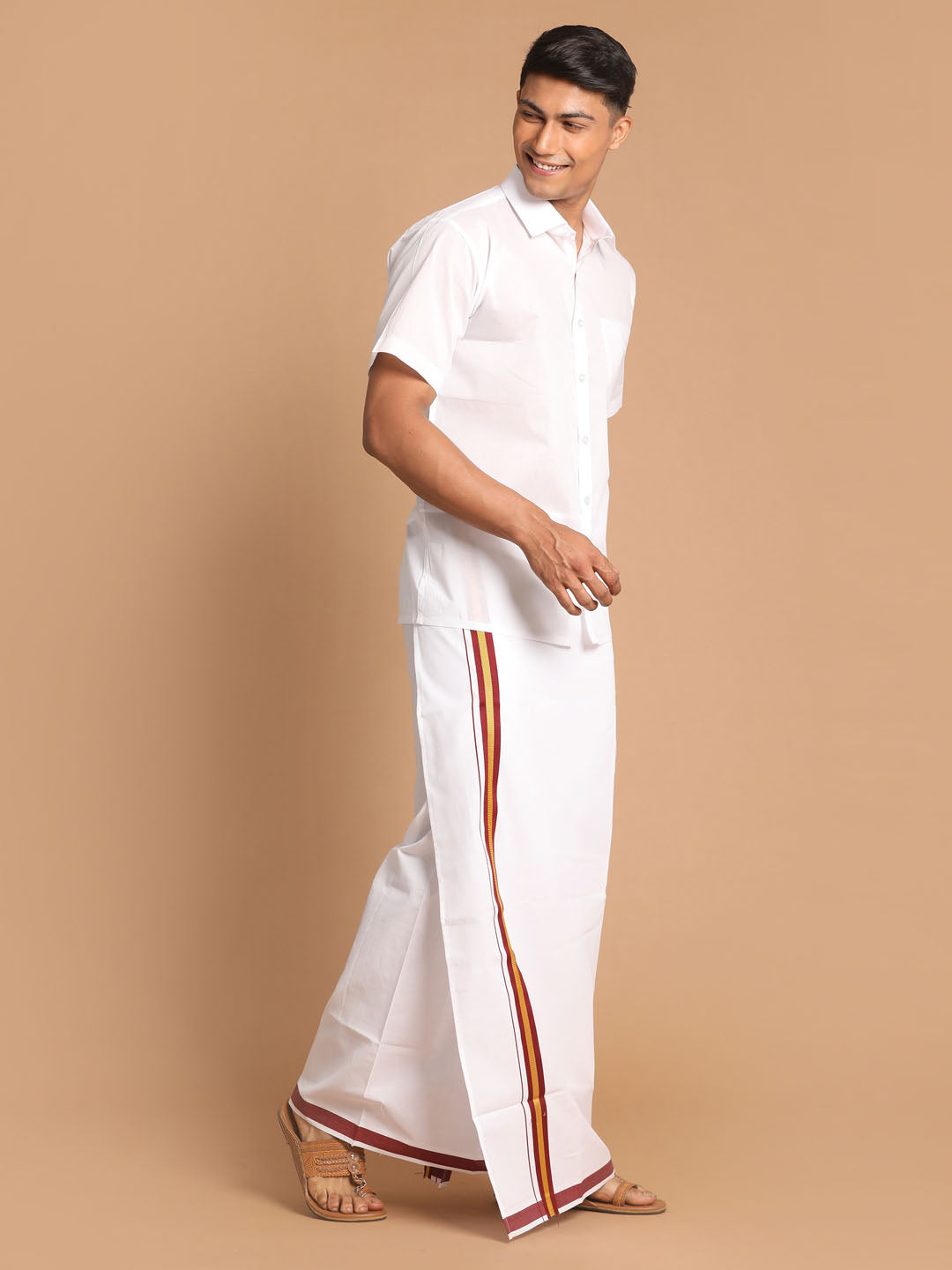 Vastramay Men's White Cotton Blend Shirt And Mundu Set