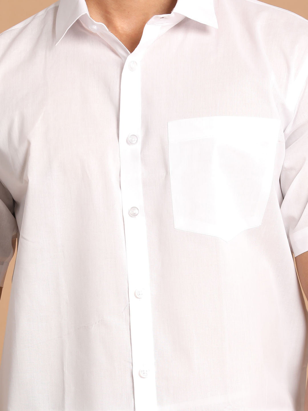 Vastramay Men's White Cotton Blend Shirt And Mundu Set