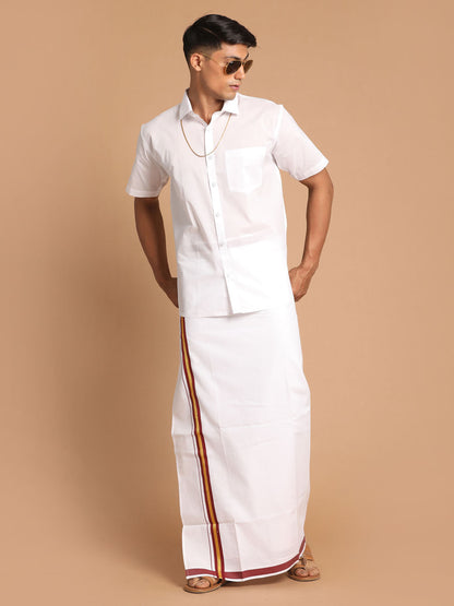 Vastramay Men's White Cotton Blend Shirt And Mundu Set