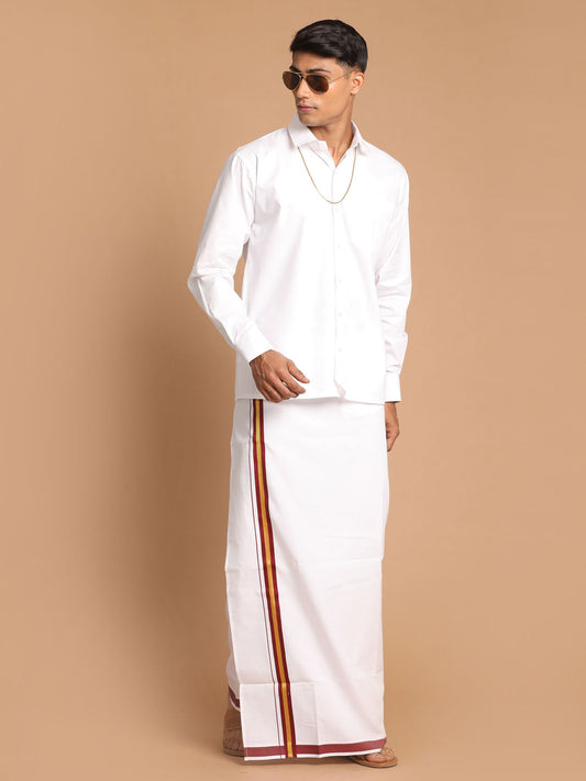 Vastramay Men's White Pure Cotton Shirt And Mundu Set