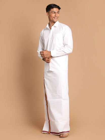 Vastramay Men's White Pure Cotton Shirt And Mundu Set