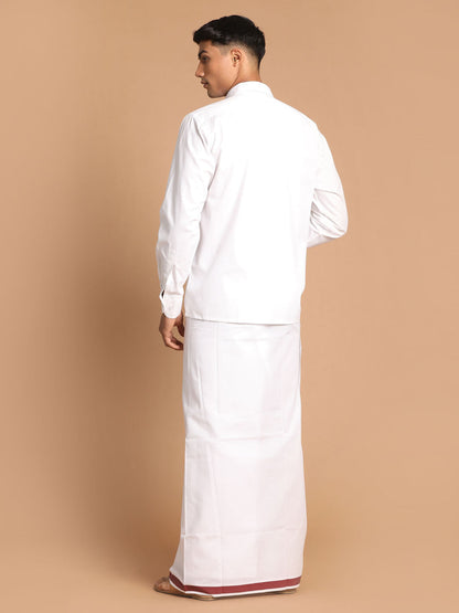 Vastramay Men's White Pure Cotton Shirt And Mundu Set