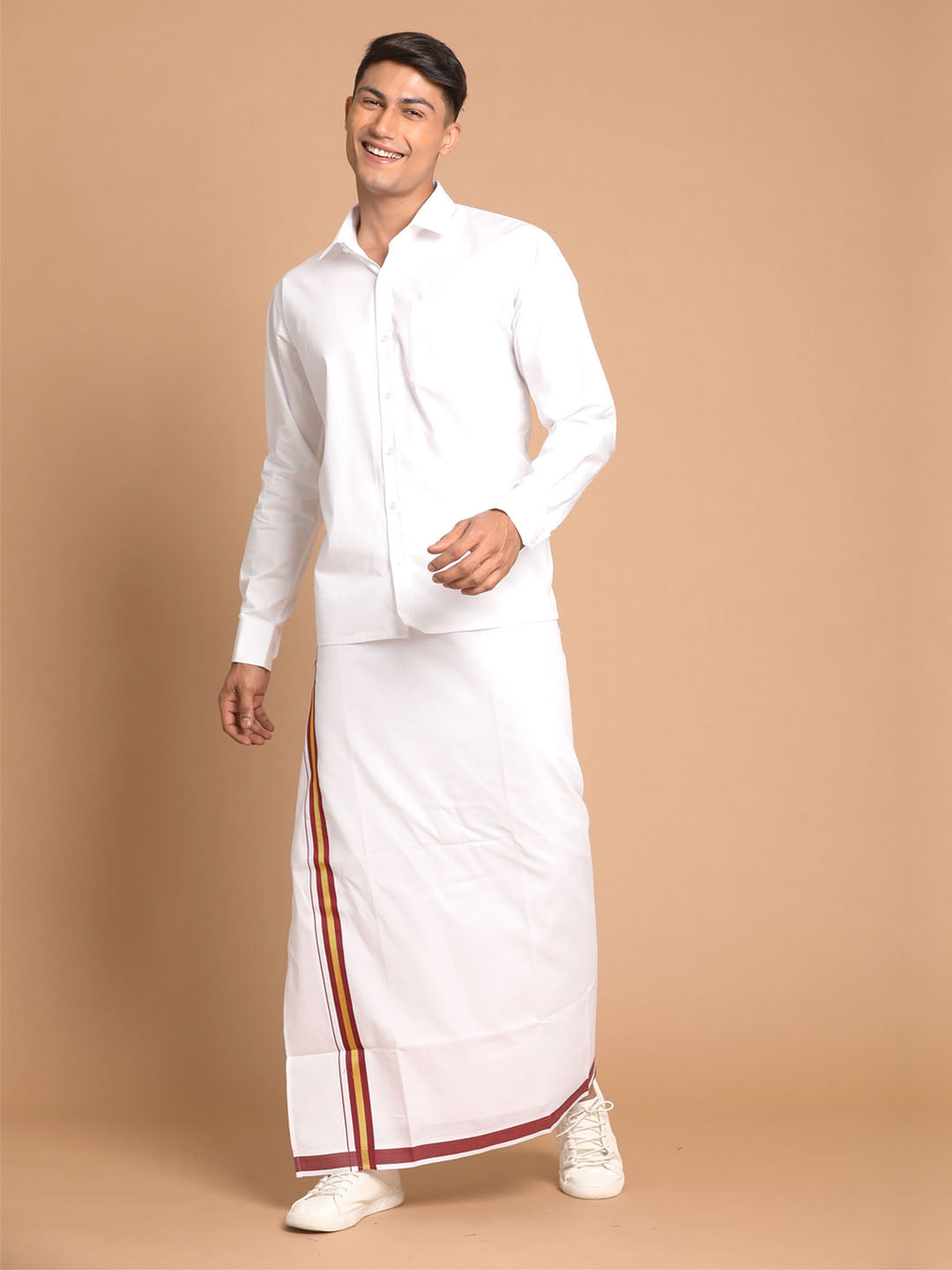 Vastramay Men's White Pure Cotton Shirt And Mundu Set