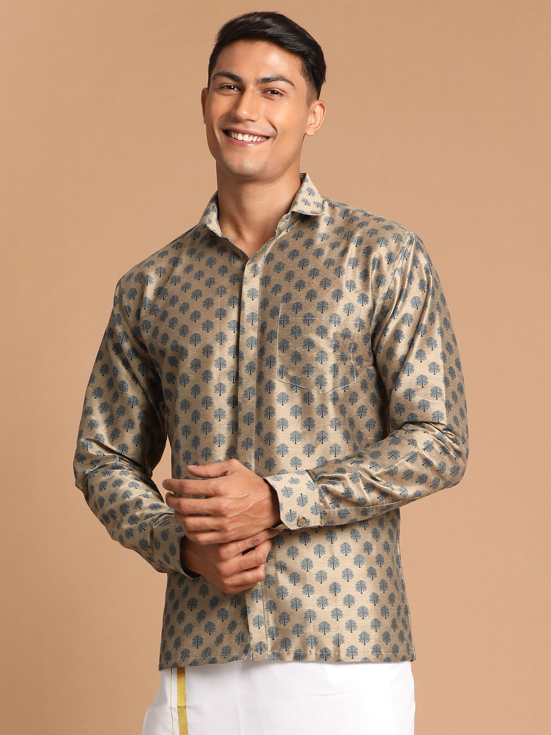 Vastramay Men's Brown Silk Blend Printed Shirt