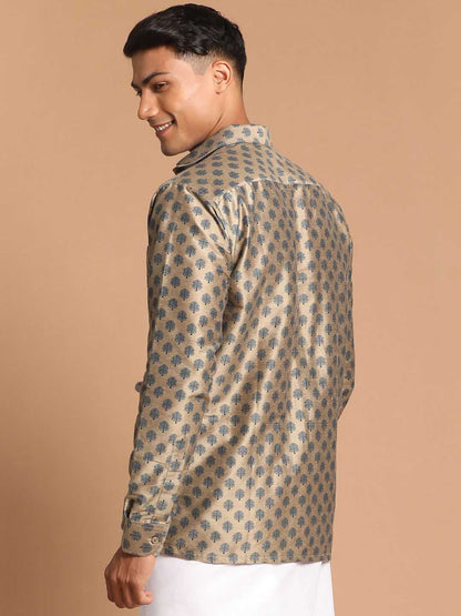 Vastramay Men's Brown Silk Blend Printed Shirt