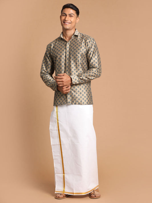 Vastramay Men's Brown Silk Blend Printed Shirt And Mundu Set