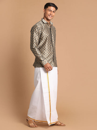 Vastramay Men's Brown Silk Blend Printed Shirt And Mundu Set