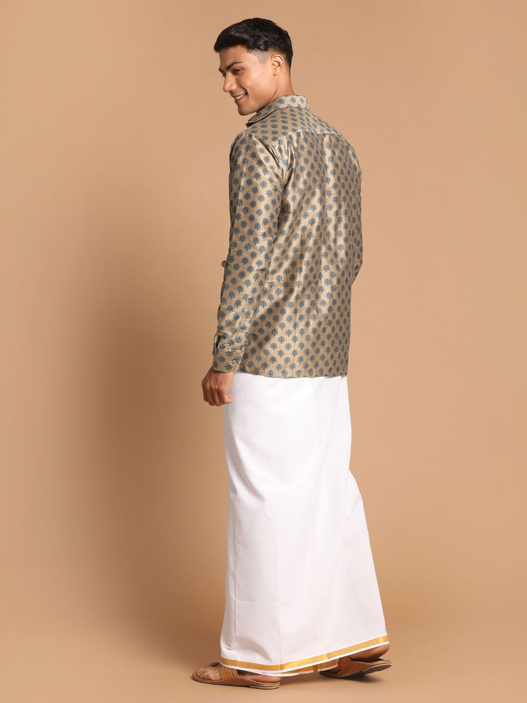 Vastramay Men's Brown Silk Blend Printed Shirt And Mundu Set