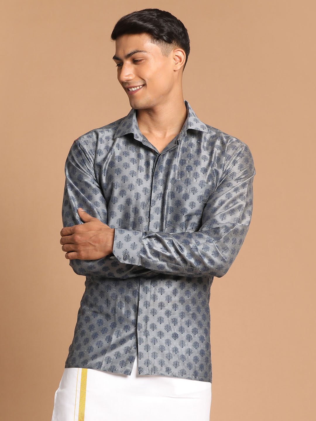 Vastramay Men's Gray Silk Blend Printed Shirt