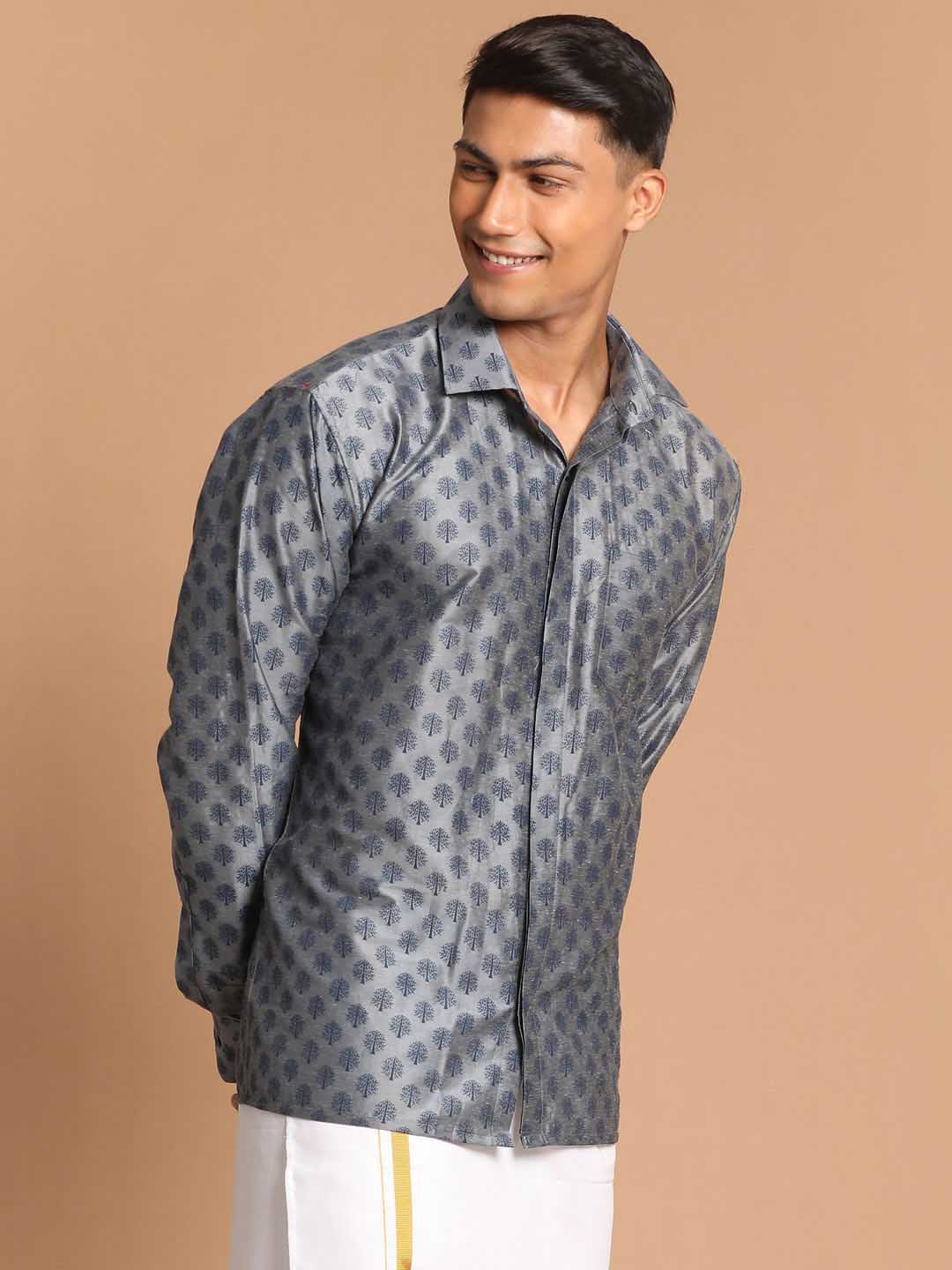 Vastramay Men's Gray Silk Blend Printed Shirt