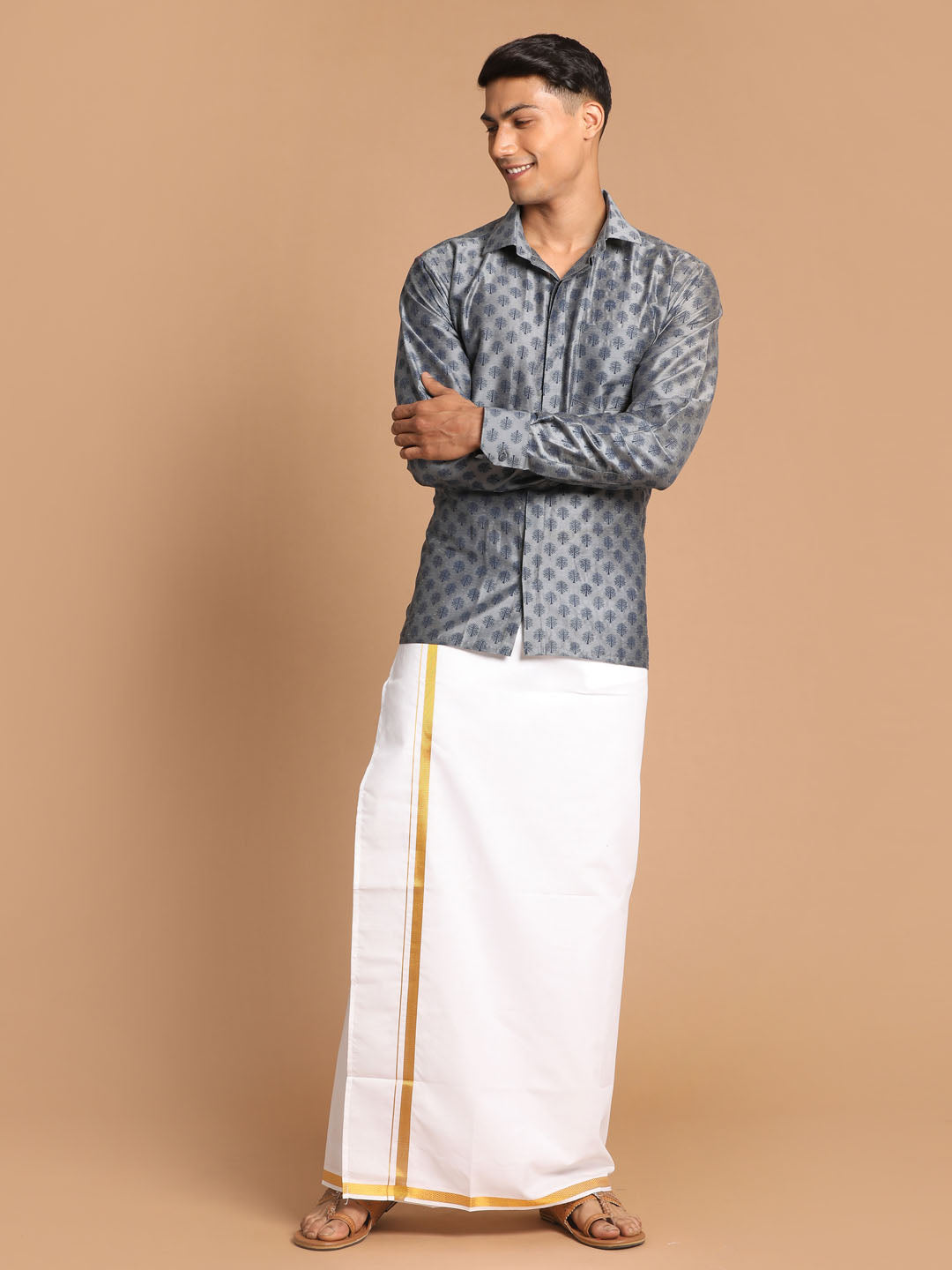 Vastramay Men's Gray Silk Blend Printed Shirt And Mundu Set