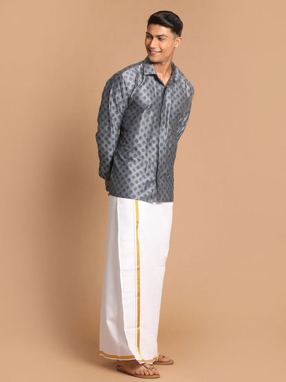 Vastramay Men's Gray Silk Blend Printed Shirt And Mundu Set