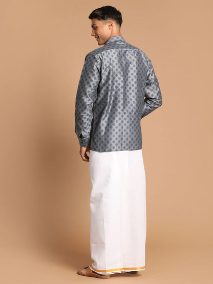 Vastramay Men's Gray Silk Blend Printed Shirt And Mundu Set