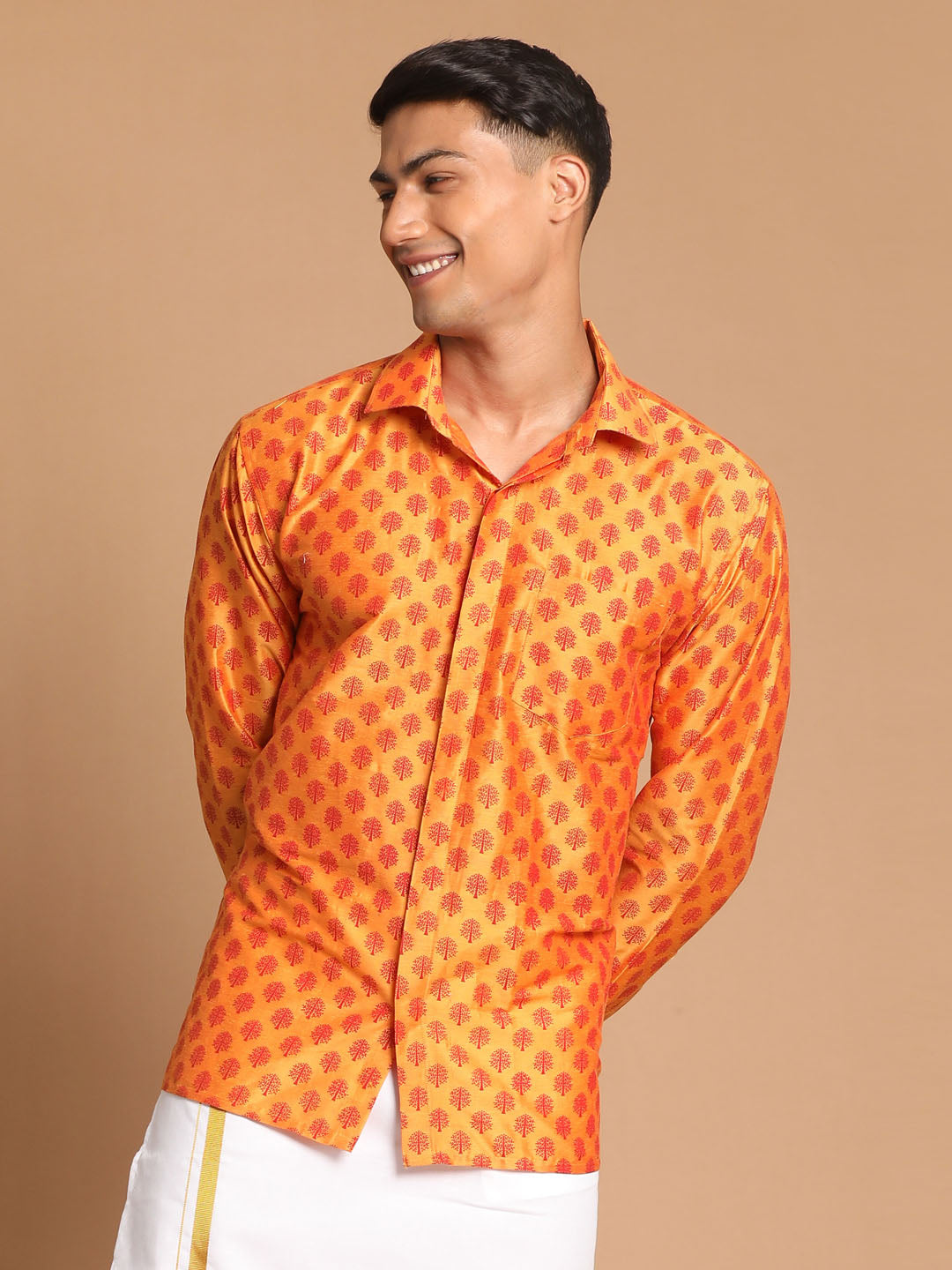 Vastramay Men's Orange Silk Blend Printed Shirt