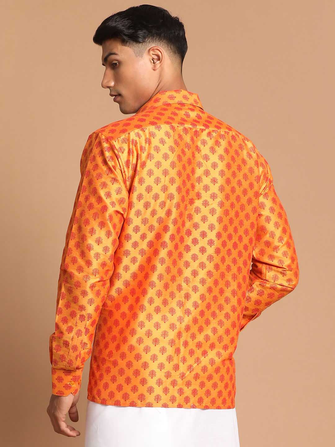 Vastramay Men's Orange Silk Blend Printed Shirt