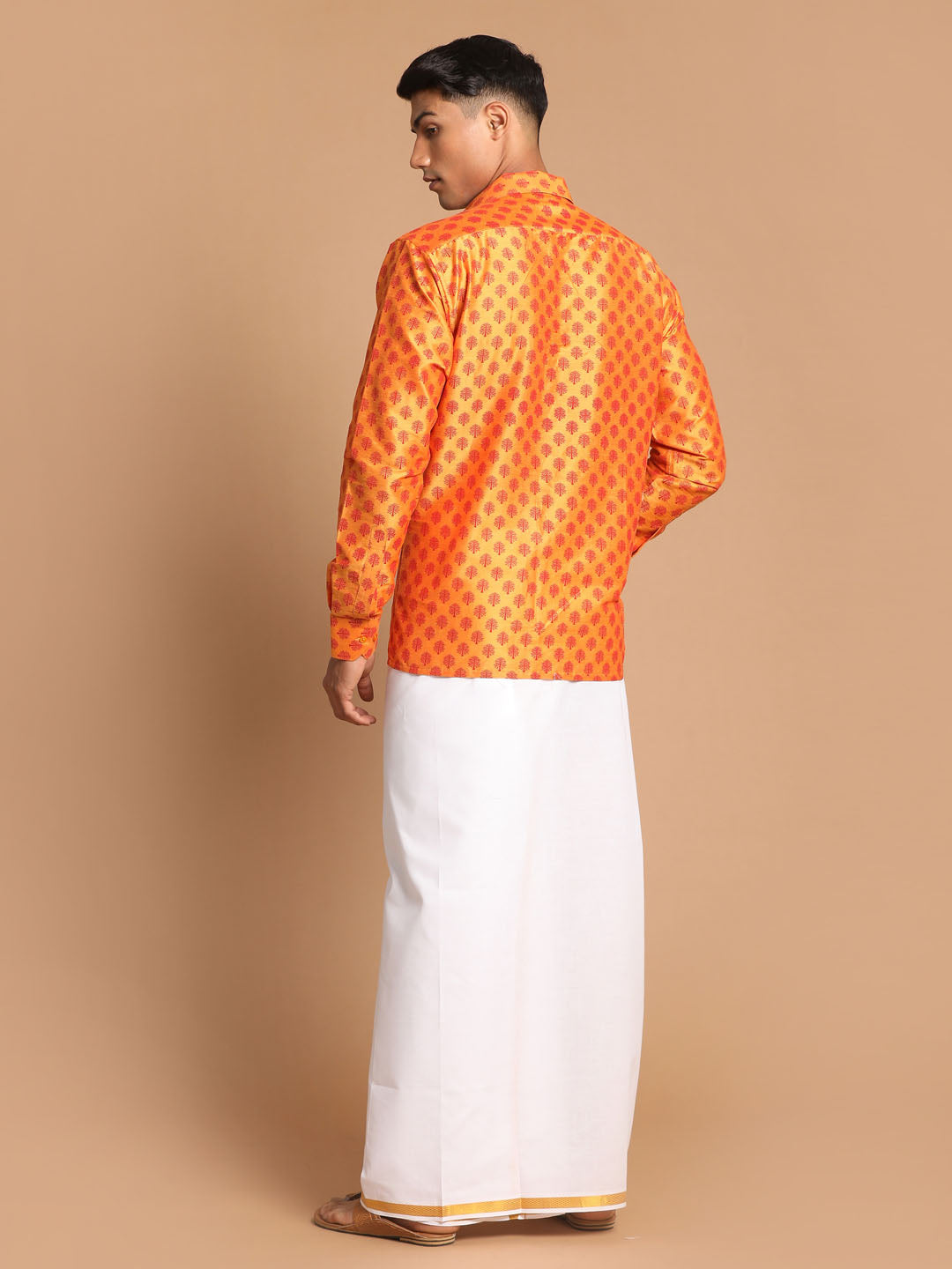 Vastramay Men's Orange Silk Blend Printed Shirt And Mundu Set