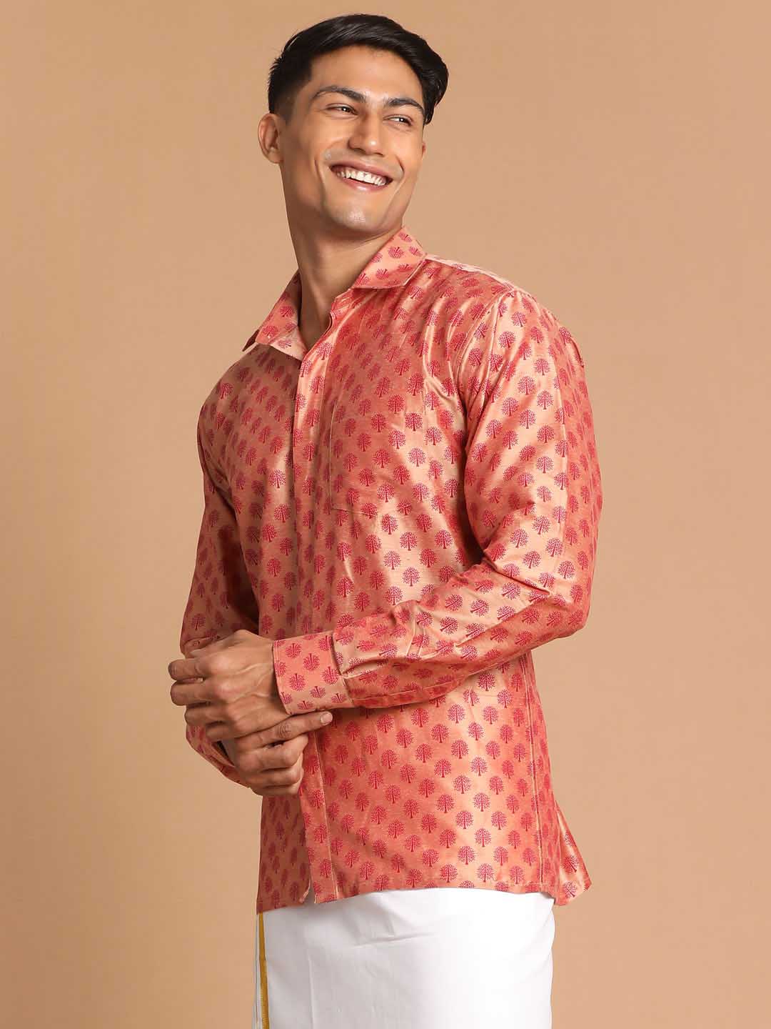 Vastramay Men's Pink Silk Blend Printed Shirt