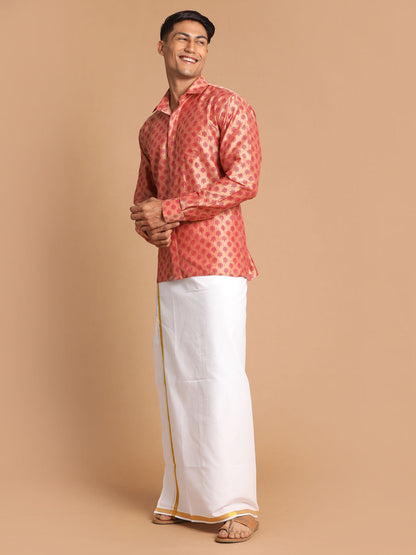 Vastramay Men's Pink Silk Blend Printed Shirt And Mundu Set