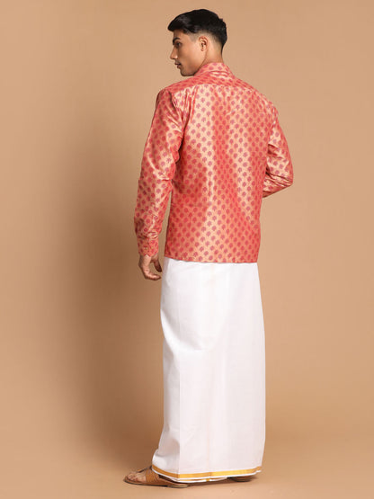 Vastramay Men's Pink Silk Blend Printed Shirt And Mundu Set