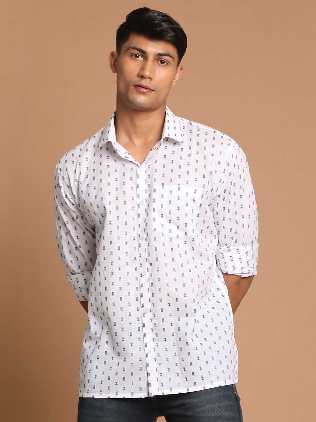 Vastramay Men's Blue And White Woven Design Cotton Shirt