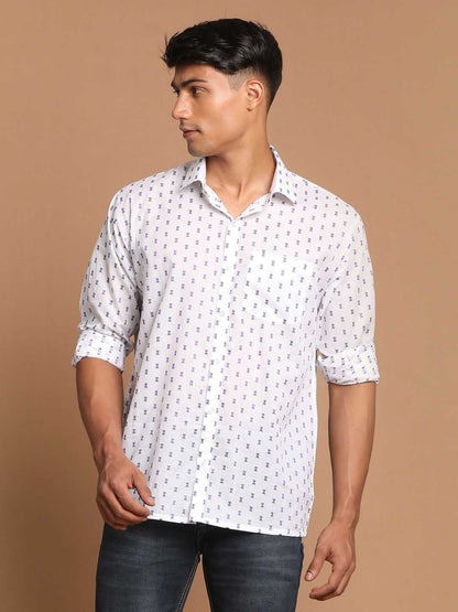 Vastramay Men's Blue And White Woven Design Cotton Shirt