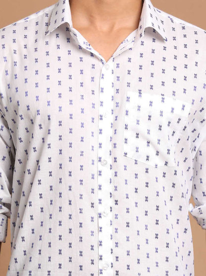 Vastramay Men's Blue And White Woven Design Cotton Shirt