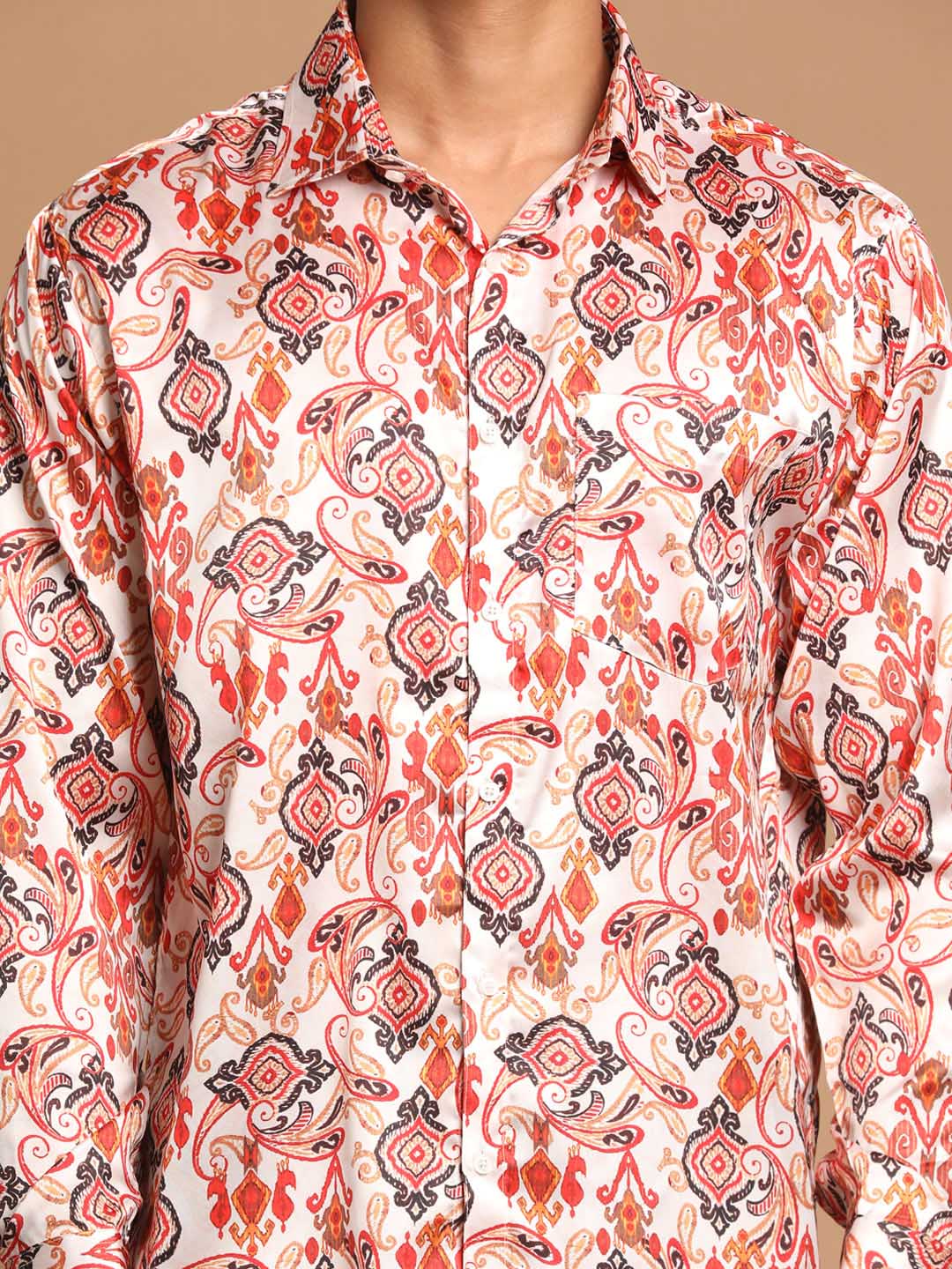 Vastramay Men's Cream Base Cotton Blend Printed Shirt