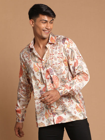 Vastramay Men's Beige Cotton Silk Blend Printed Shirt