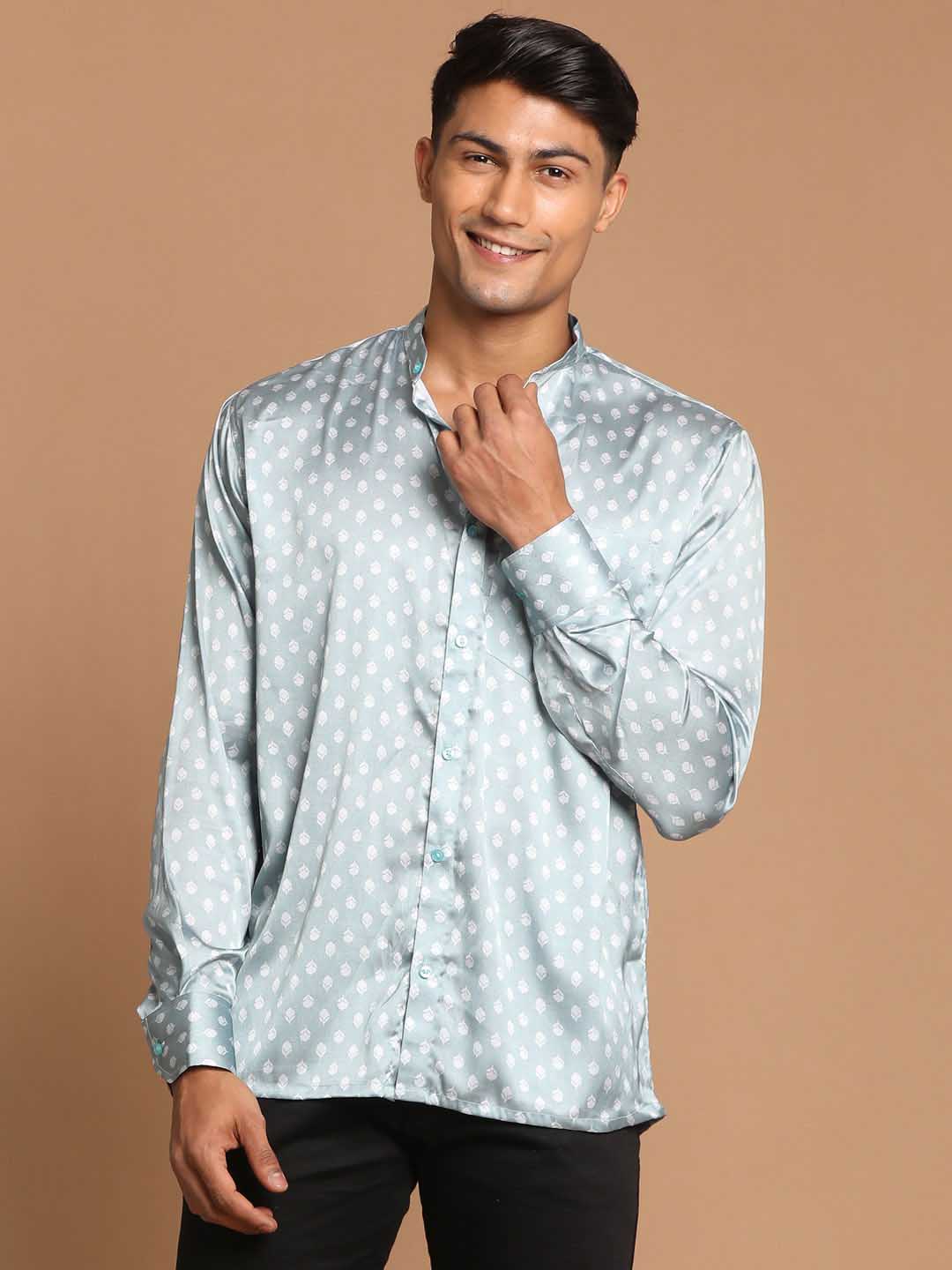 Vastramay Men's Gray Silk Blend Printed Shirt