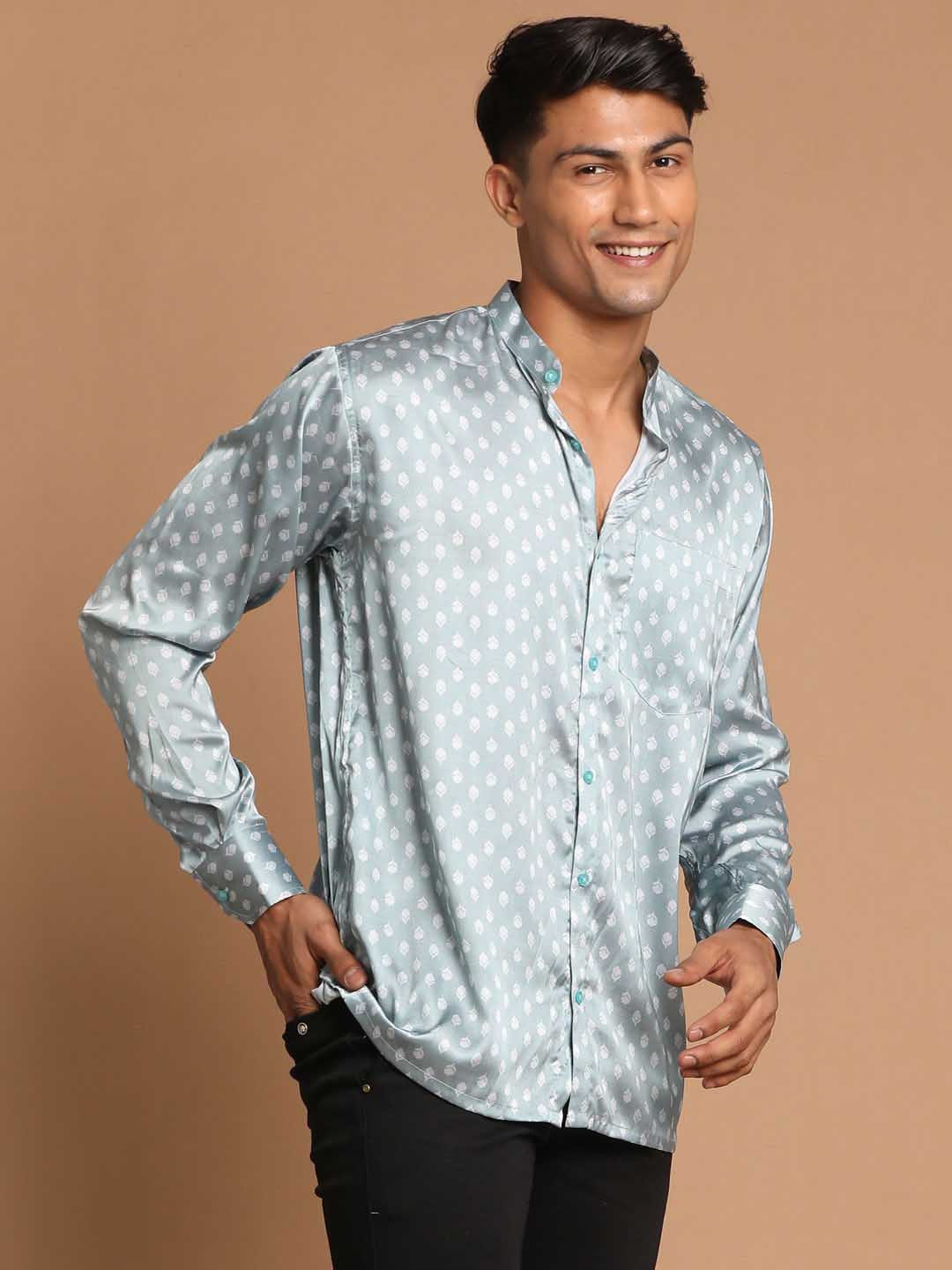 Vastramay Men's Gray Silk Blend Printed Shirt