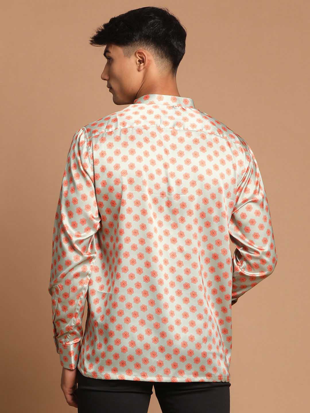 Vastramay Men's Orange Silk Blend Printed Shirt