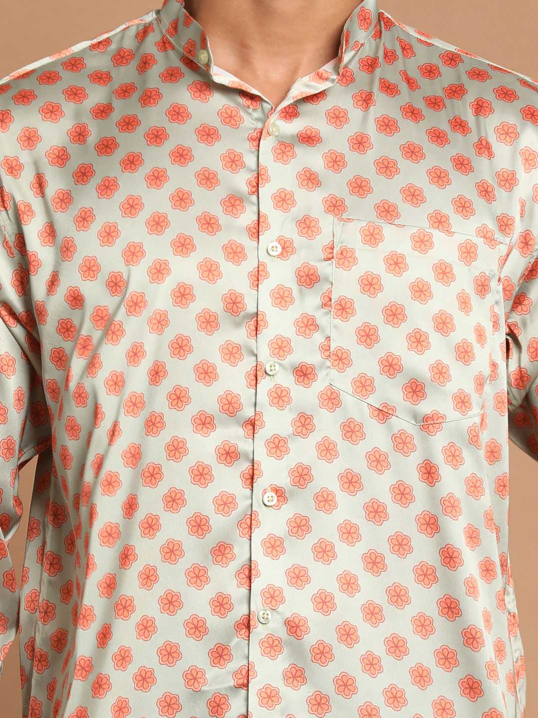 Vastramay Men's Orange Silk Blend Printed Shirt