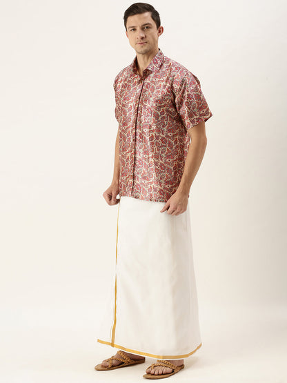 Vastramay Men's Multi-Color Silk Blend Printed Shirt And Mundu Set