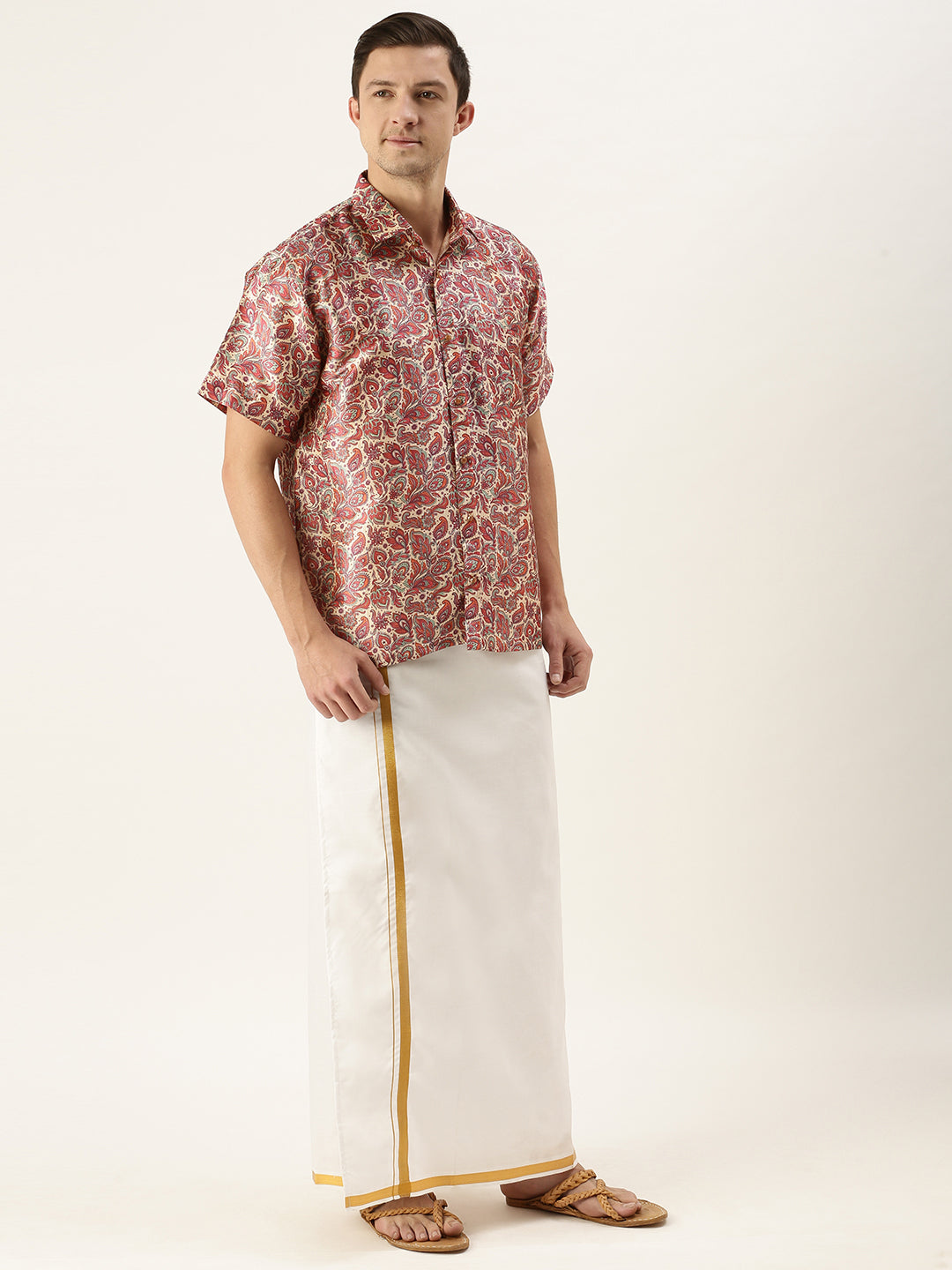 Vastramay Men's Multi-Color Silk Blend Printed Shirt And Mundu Set