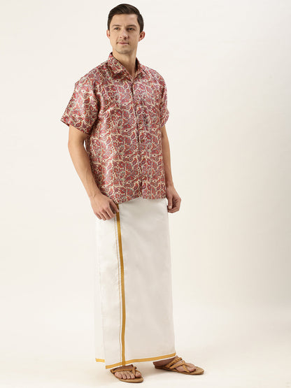 Vastramay Men's Multi-Color Silk Blend Printed Shirt And Mundu Set