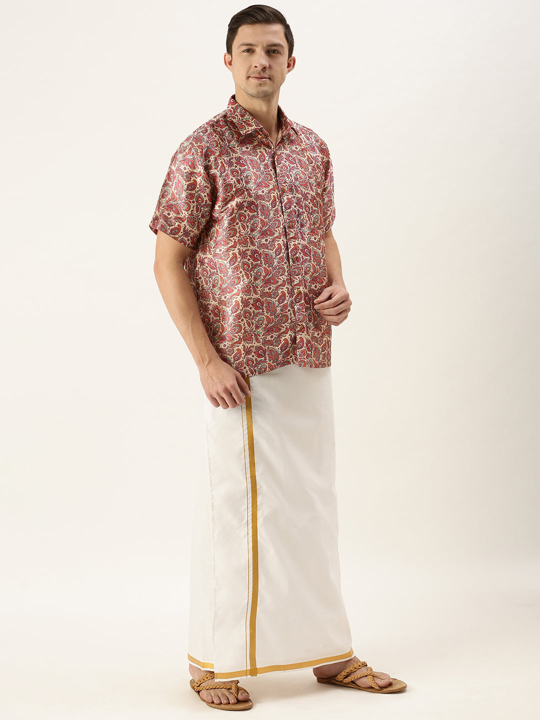 Vastramay Men's Multi-Color Silk Blend Printed Shirt And Mundu Set