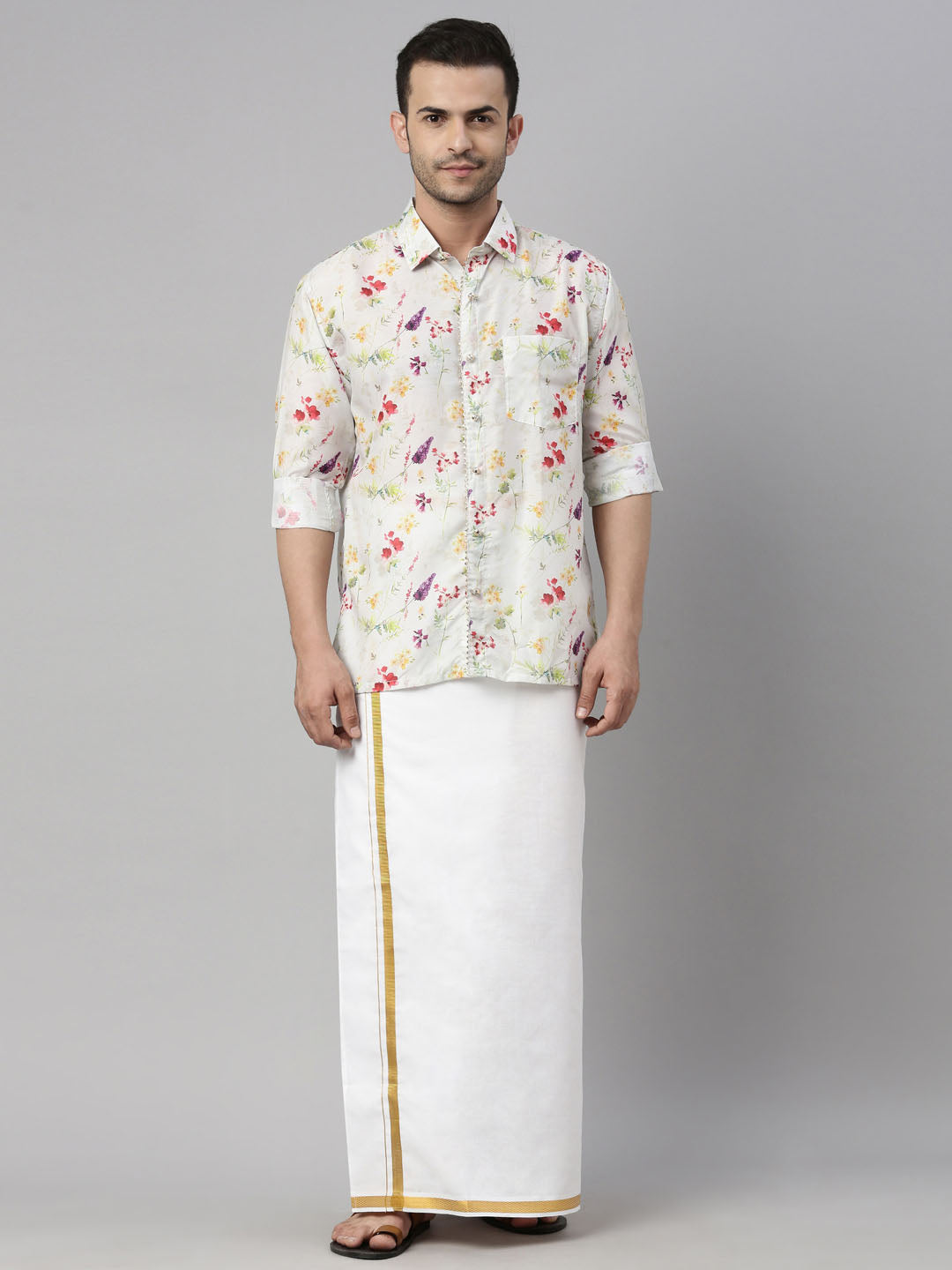 vastramay mens cream color floral print shirt and mundu set