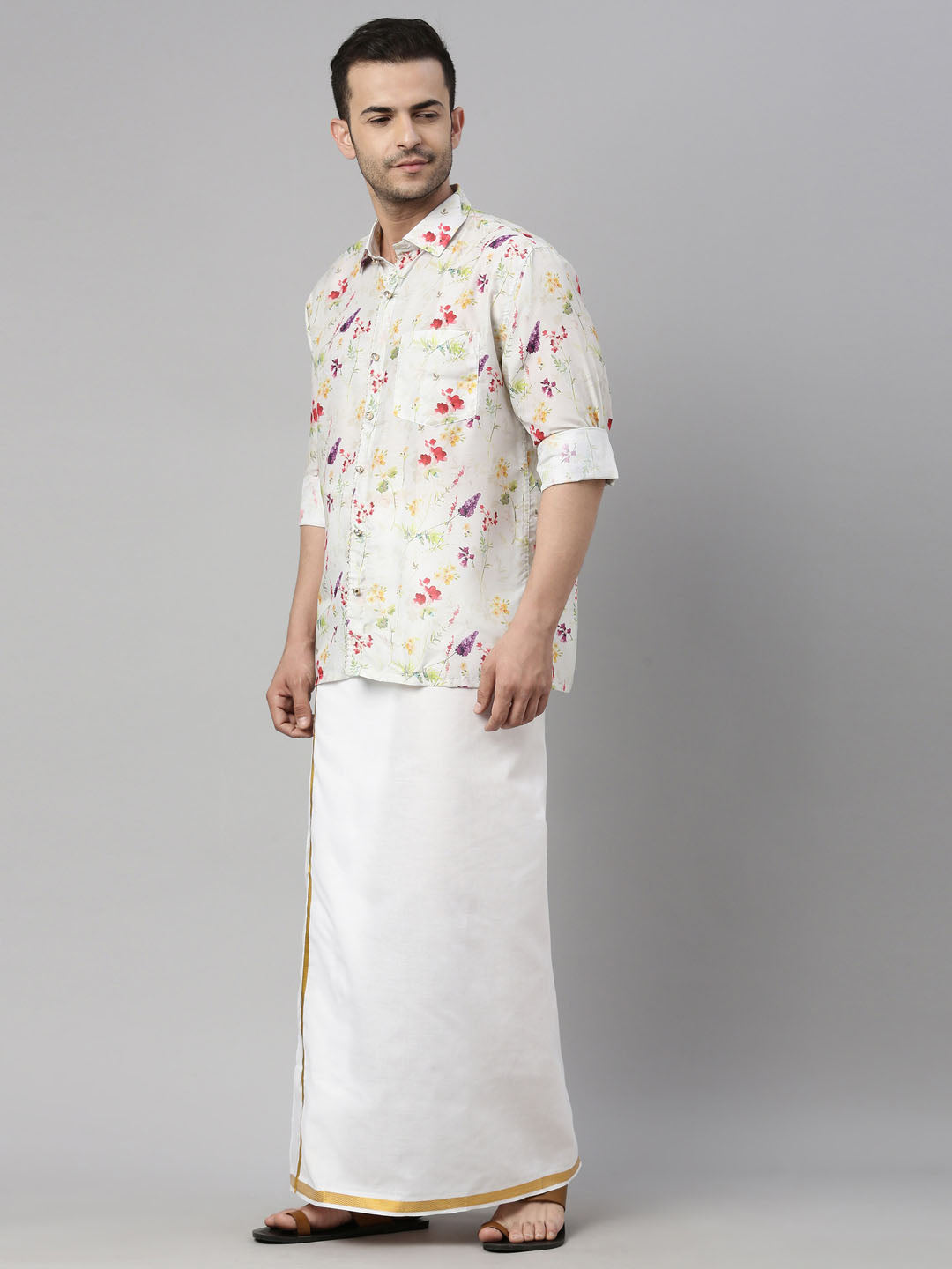 vastramay mens cream color floral print shirt and mundu set