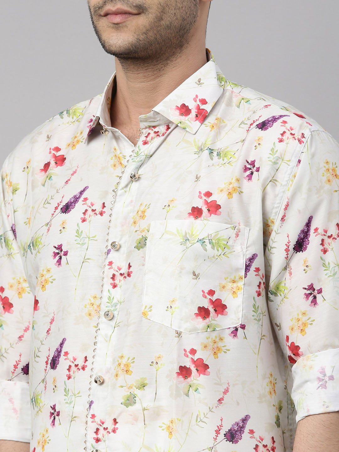 vastramay mens cream color floral print shirt and mundu set