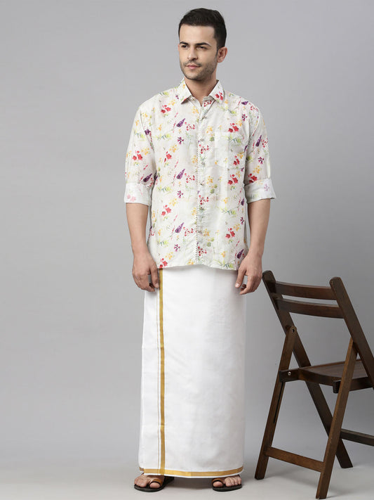 vastramay mens cream color floral print shirt and mundu set