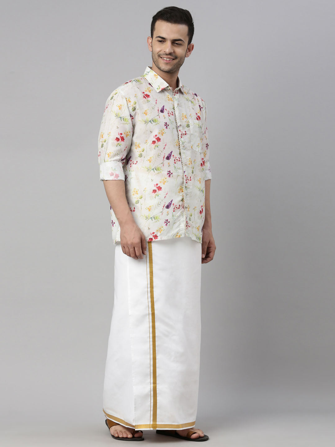 vastramay mens cream color floral print shirt and mundu set