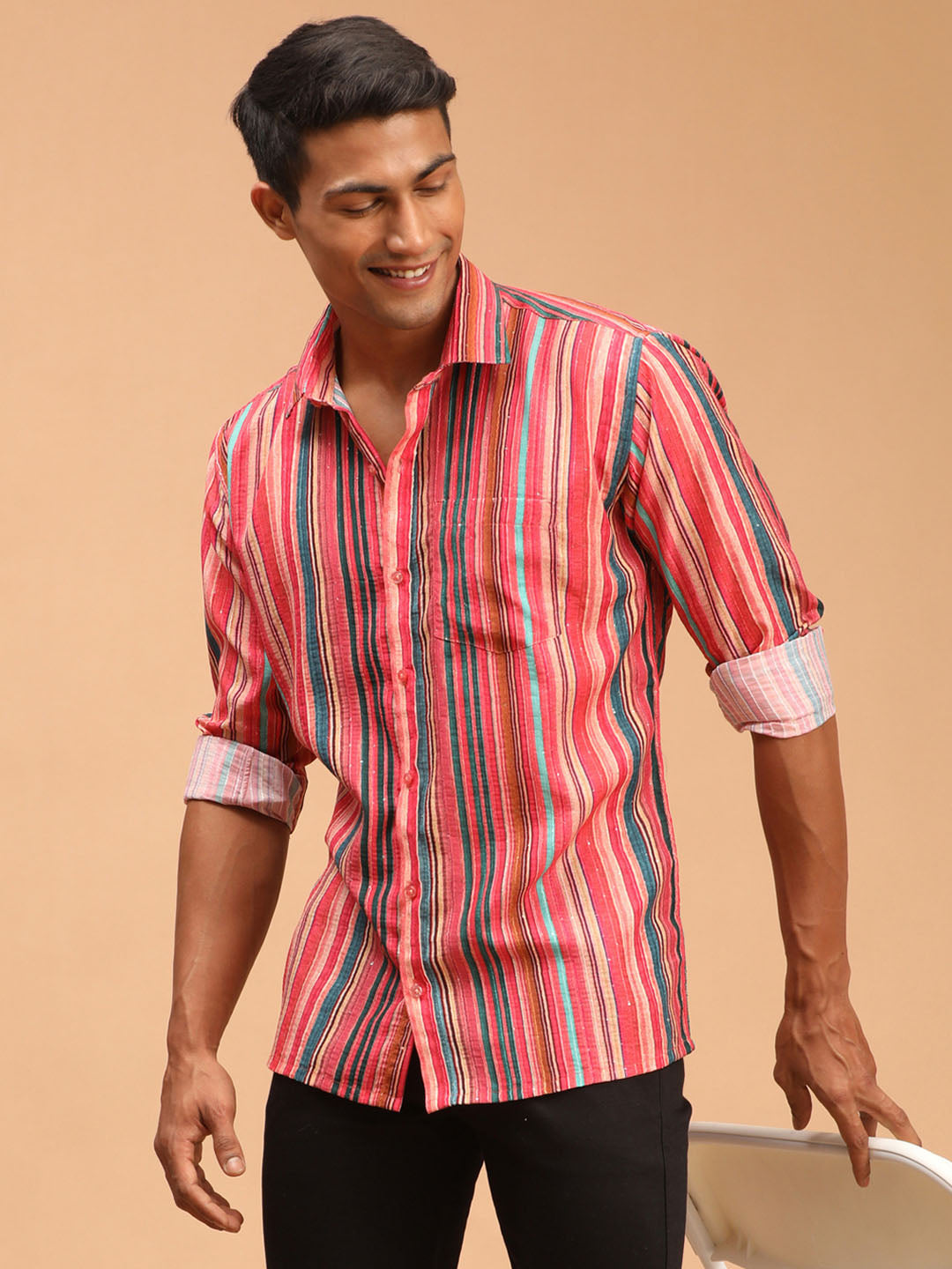 VASTRAMAY Men's Multi-Color Striped Embellished Shirt