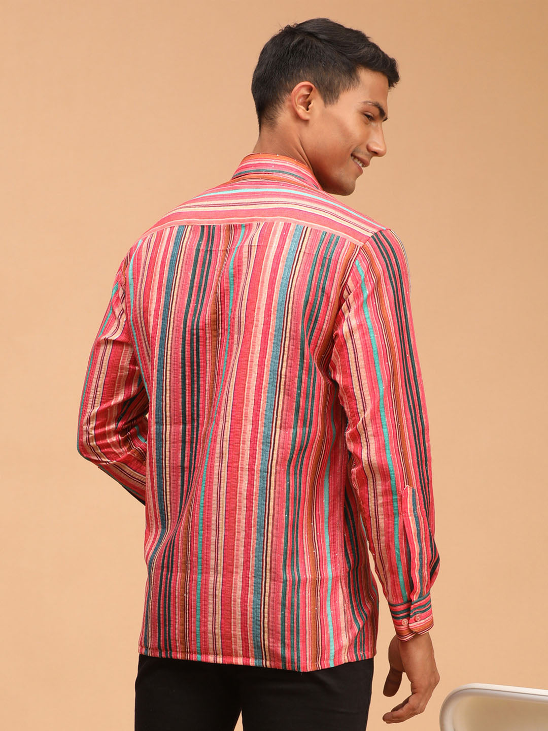 VASTRAMAY Men's Multi-Color Striped Embellished Shirt