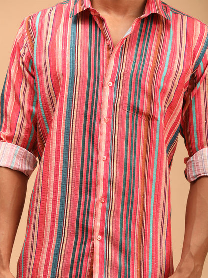 VASTRAMAY Men's Multi-Color Striped Embellished Shirt