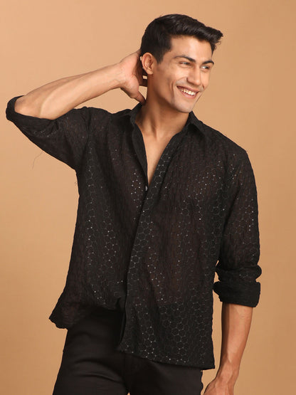 Vastramay mens black fancy sequined shirt