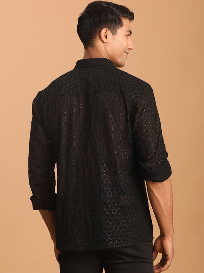 Vastramay mens black fancy sequined shirt