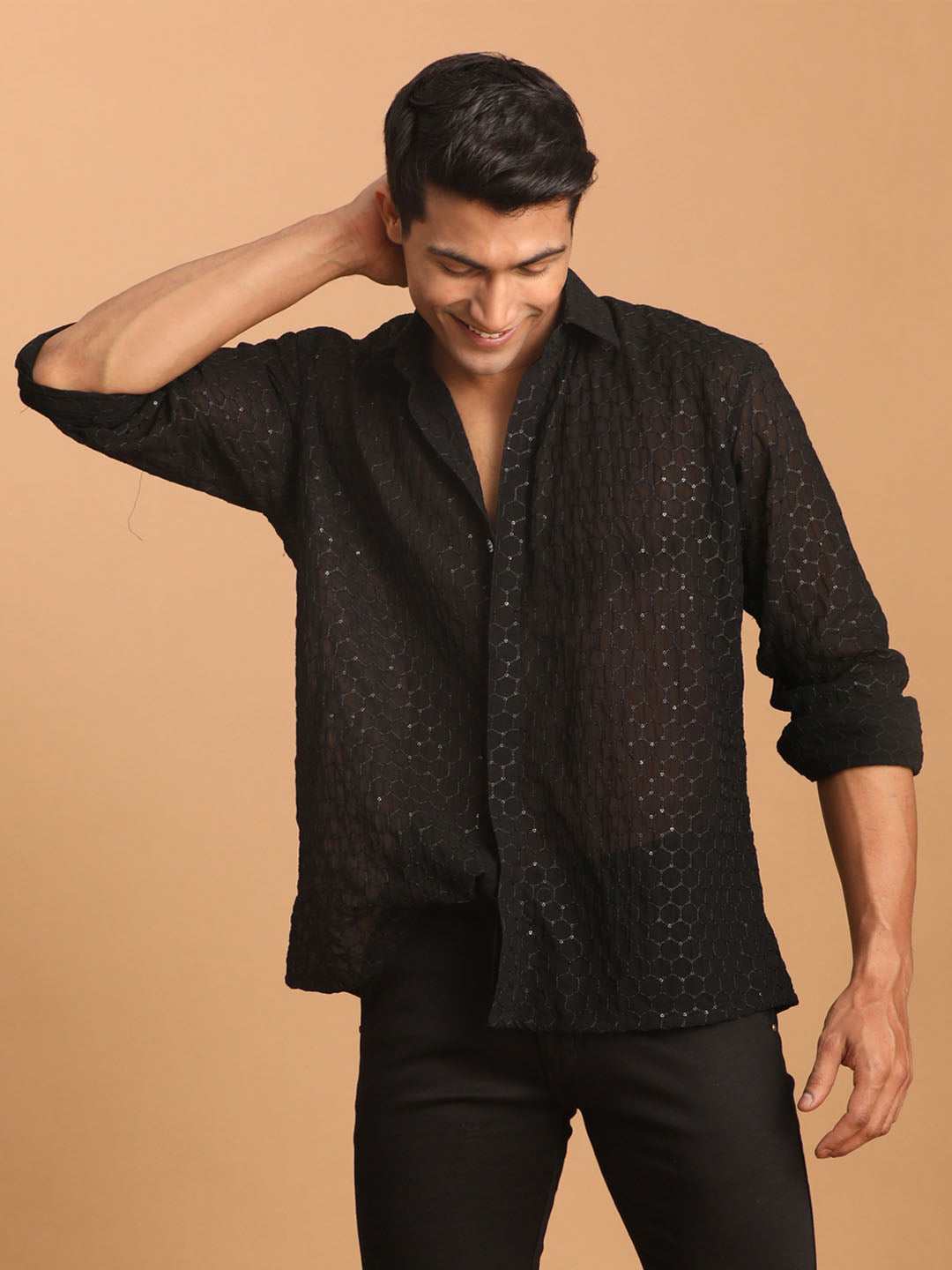 Vastramay mens black fancy sequined shirt